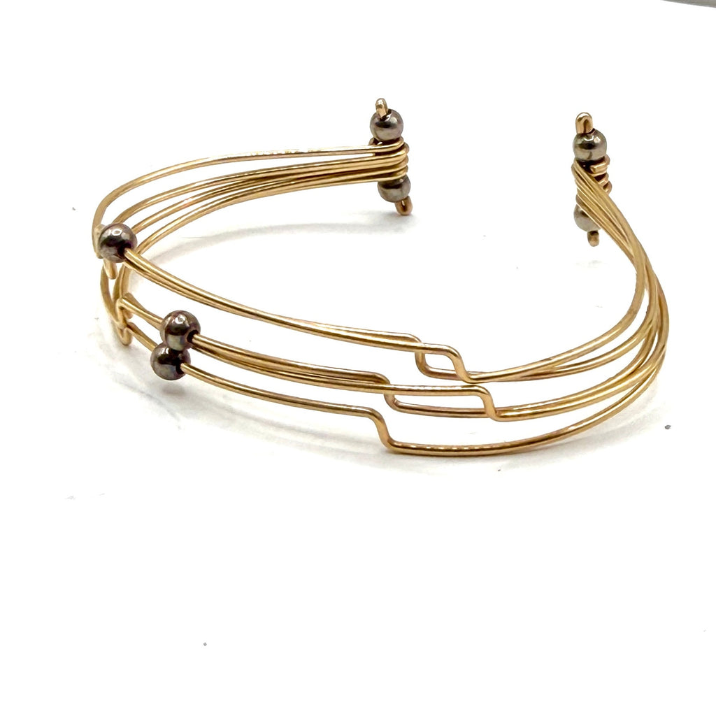 Vintage 90s Gold Tone Hematite Multi Wire Tiered Cuff Bracelet