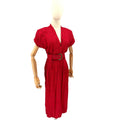 Vintage 80s T Juniors Red Patterned Rayon Belted Shoulder Pad Midi Dress
