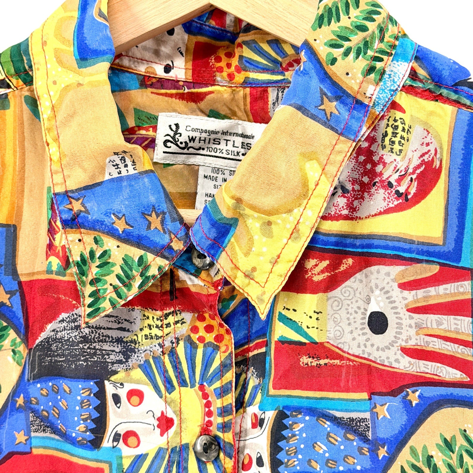 Vintage 90s Compagnie Internationale Whistles 100% Silk Abstract Art Print Shirt