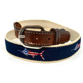 Vintage 90s Tan Navy Blue Genuine Leather Patriotic Marlin Web Belt