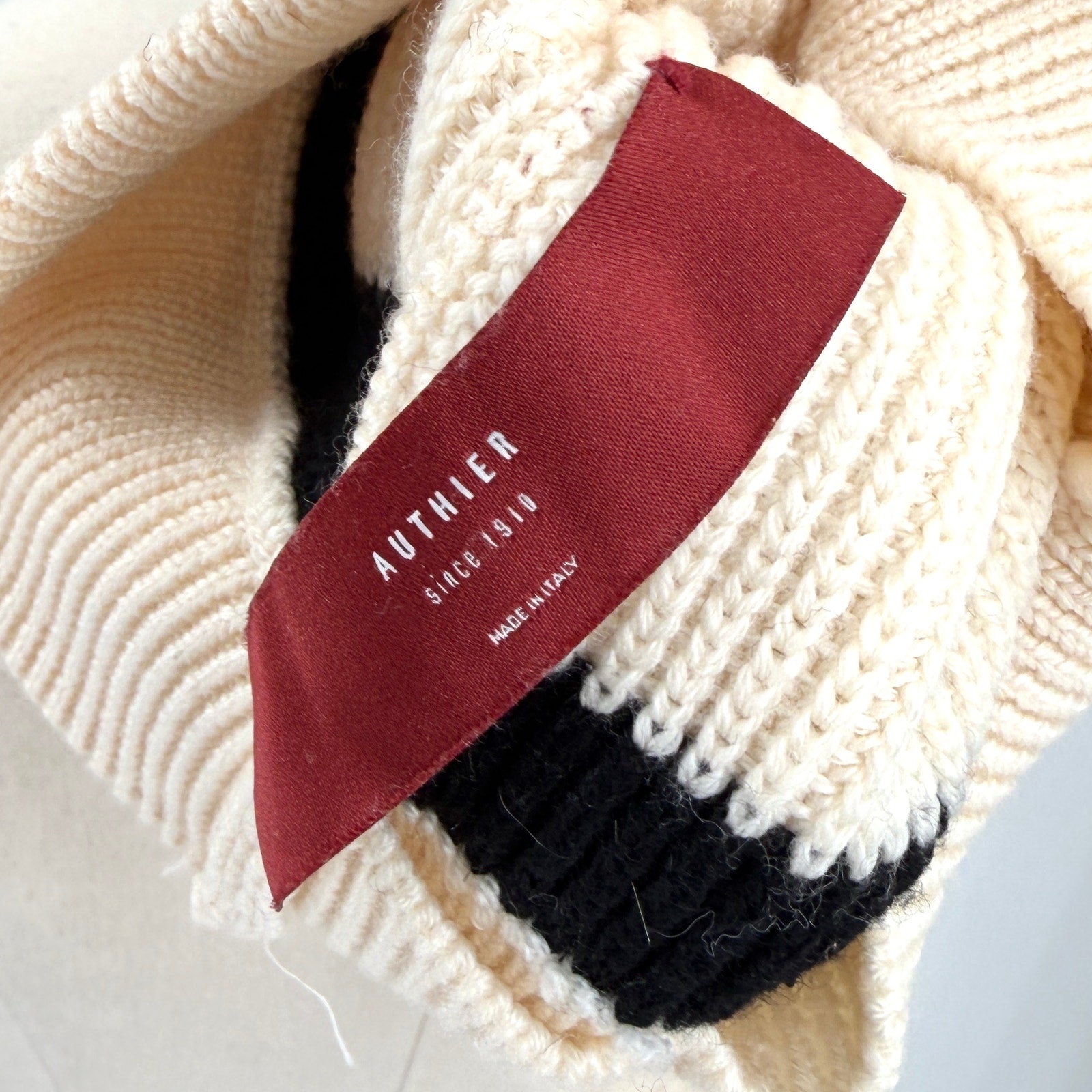 Authier Cream Black Knit Stripe Pom-Pom Winter Hat Beanie