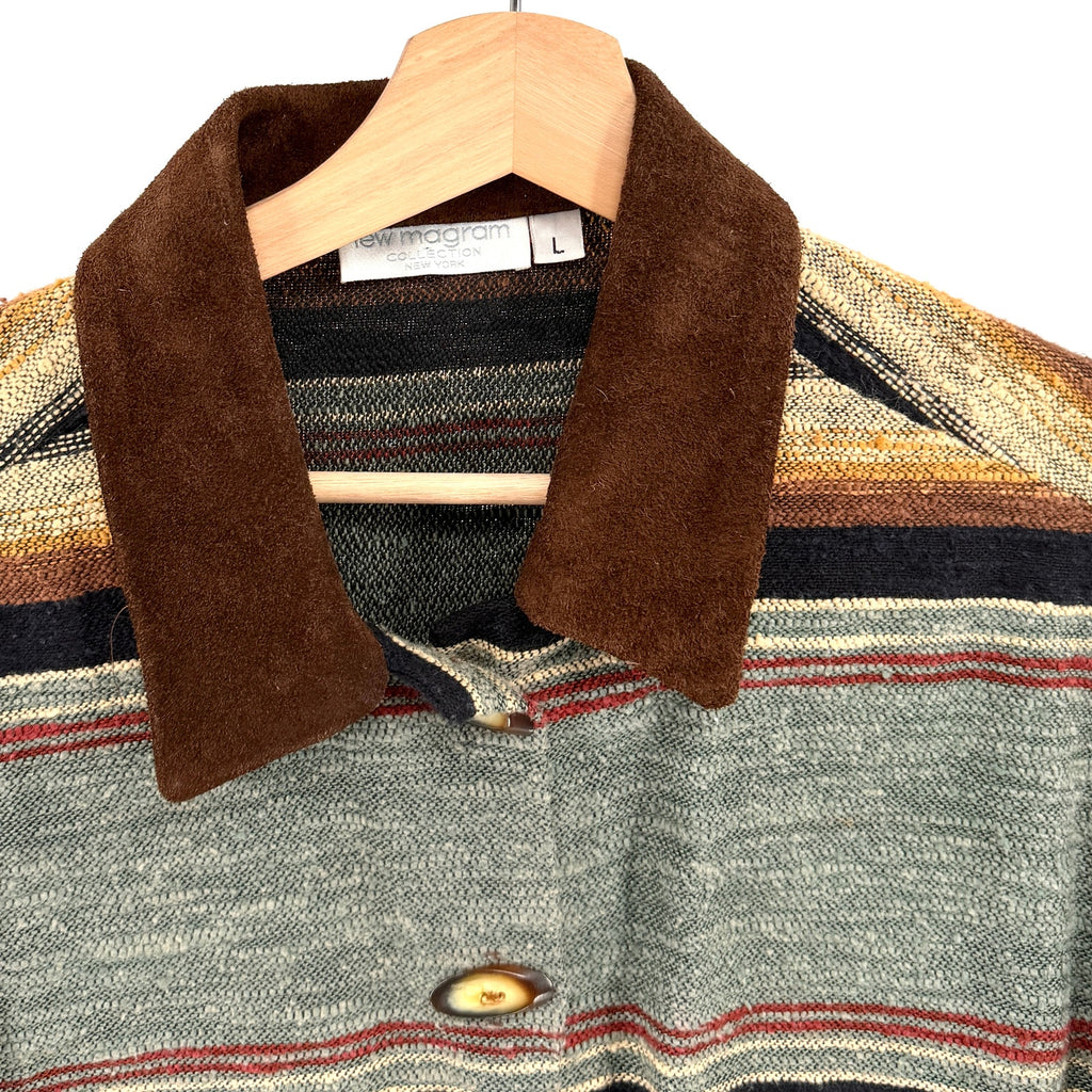 Vintage 90s Lew Magram Sage Green Striped Woven Suede Trim Shacket Jacket