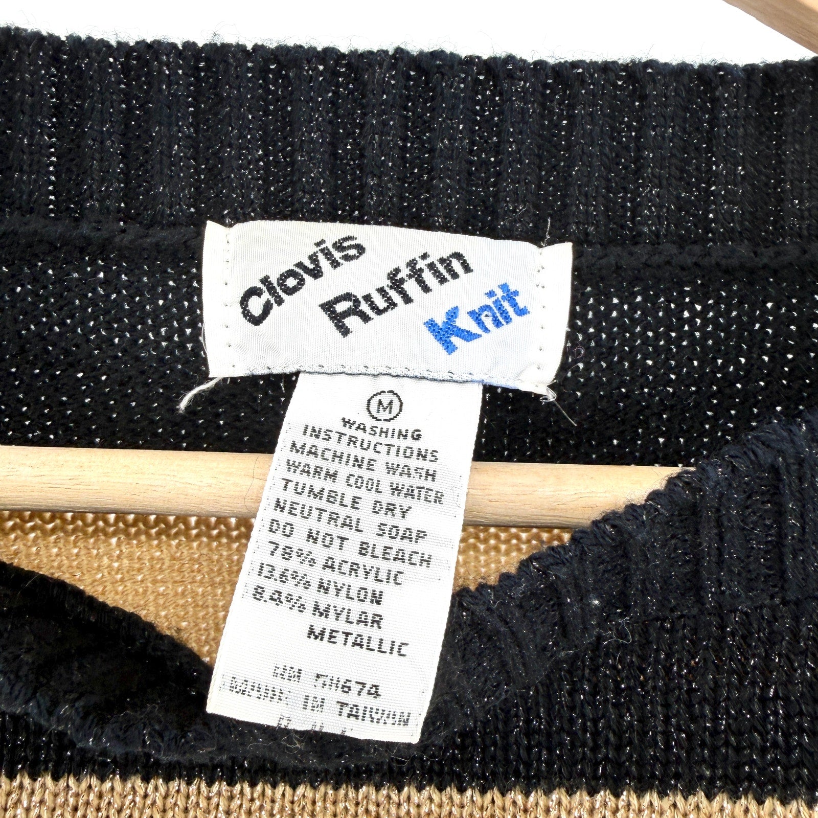 Vintage 80s Clovis Ruffin Black Gold Metallic Striped Boat Neck Knit Sweater