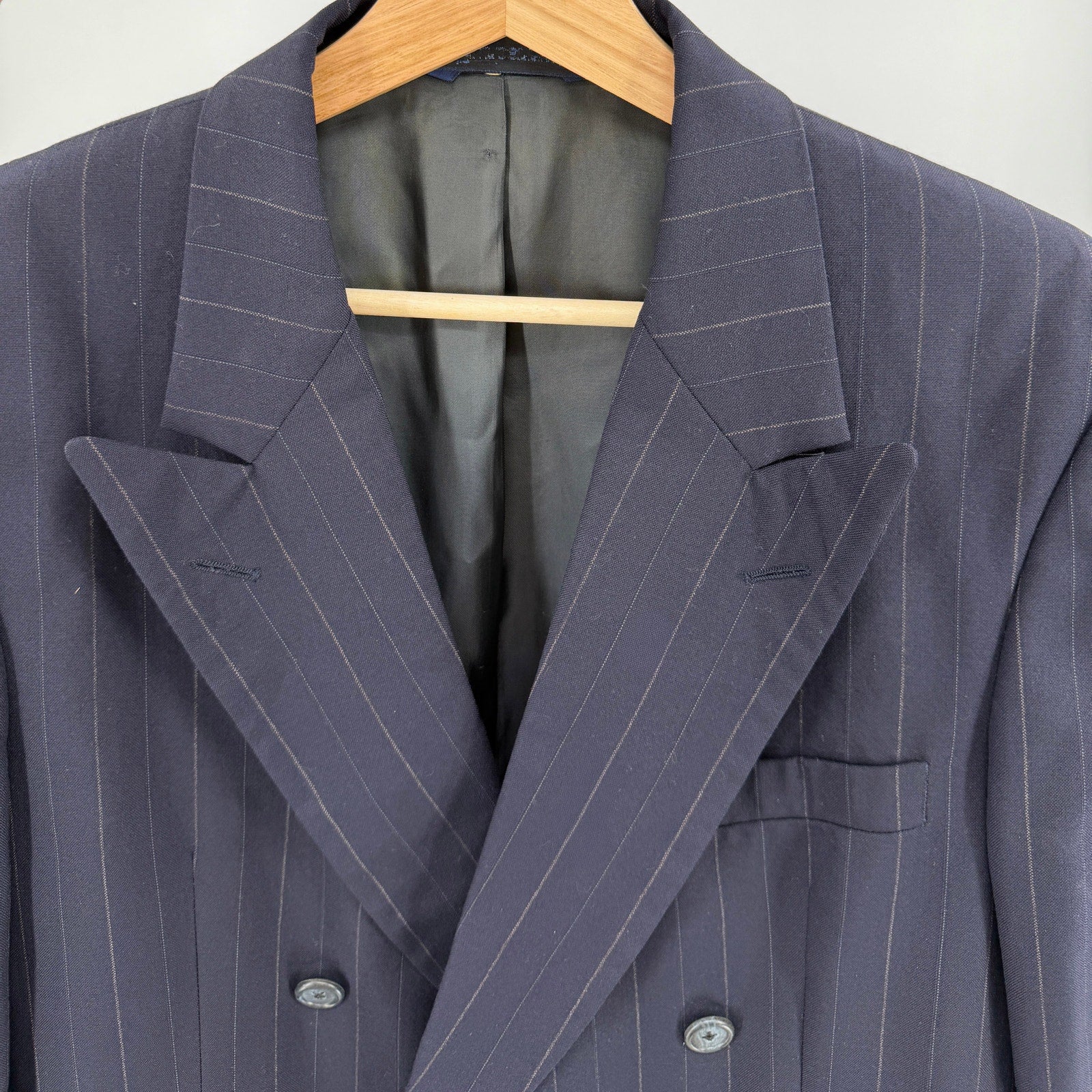 Vintage 90s Burberry Navy Blue 100% Wool Pinstripe Double Breasted Blazer