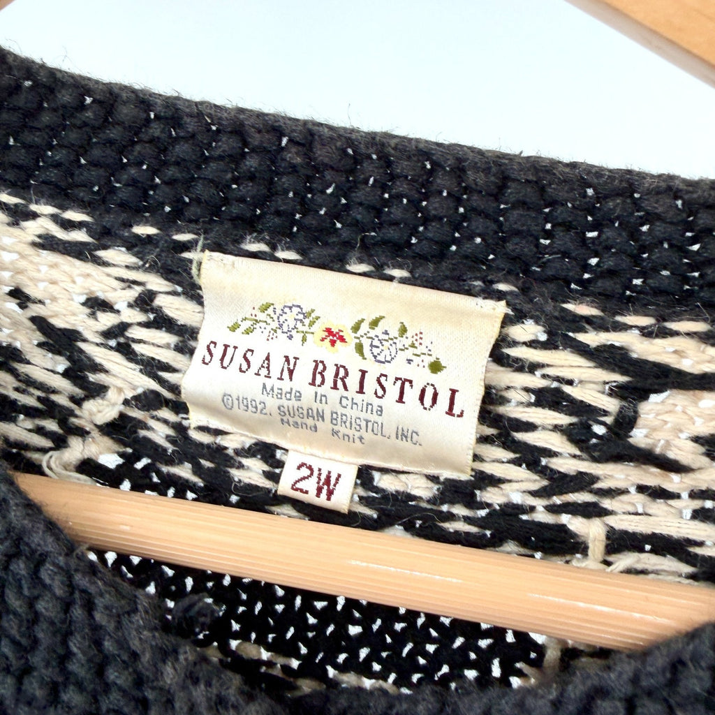 Vintage 90s Susan Bristol Black Hand Knit Novelty Intarsia Cardigan