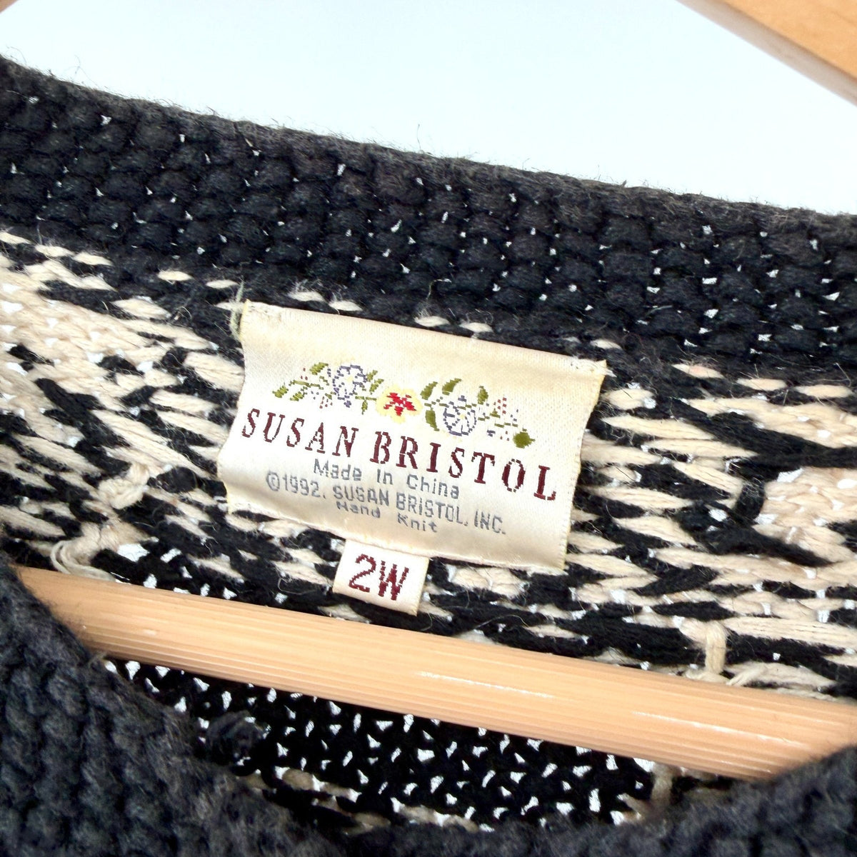 Vintage 90s Susan Bristol Black Hand Knit Novelty Intarsia Cardigan