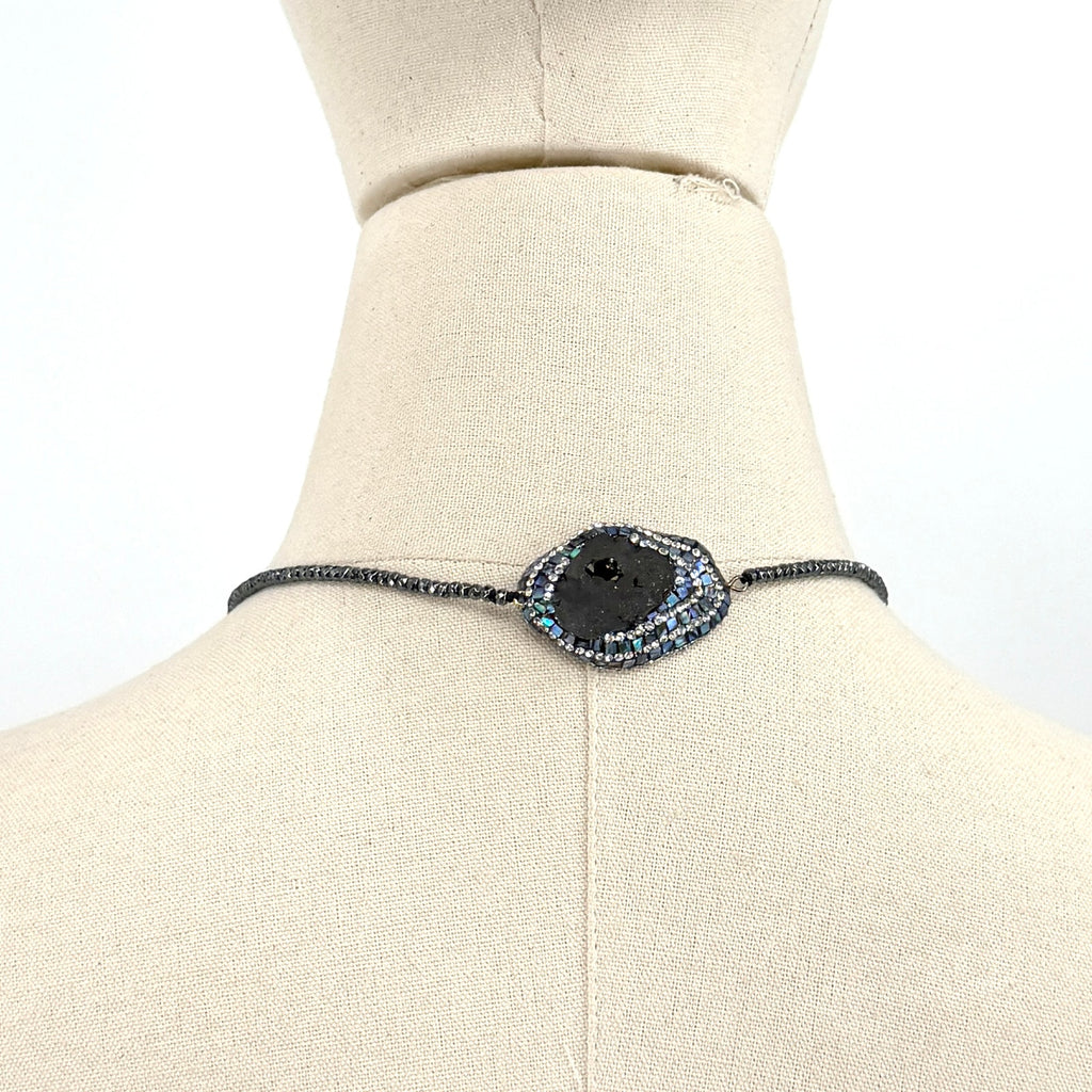 Black Onyx Druzy Abalone Gunmetal Boho Tassel Lariat Necklace