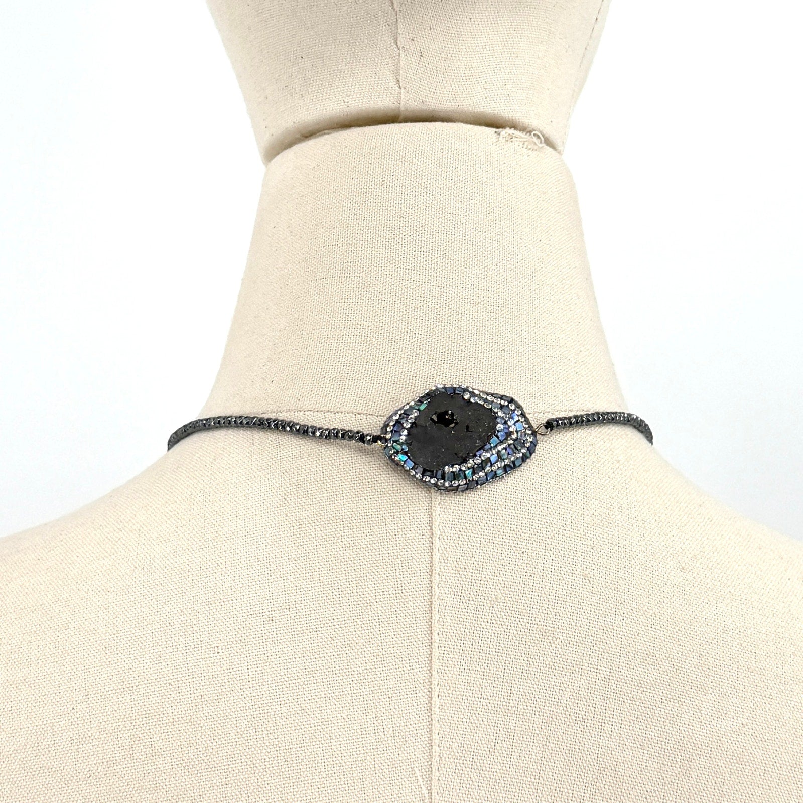 Black Onyx Druzy Abalone Gunmetal Boho Tassel Lariat Necklace