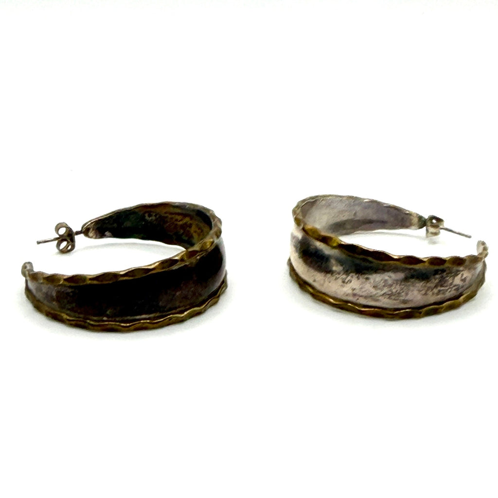 Vintage 90s Two Tone Sterling Silver Scalloped Hoop Earrings