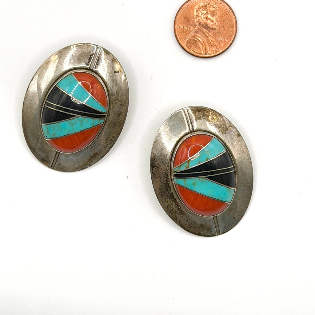 Vintage 90s Sun West Silver Multi Stamped Sterling Silver Inlay Post Earrings