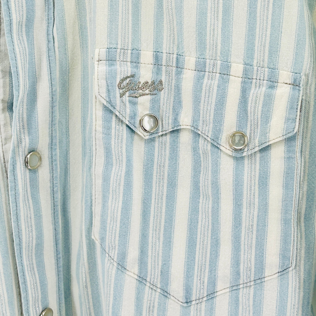 Vintage 80s Guess Jeans Light Blue White Striped Cotton Western Shirt