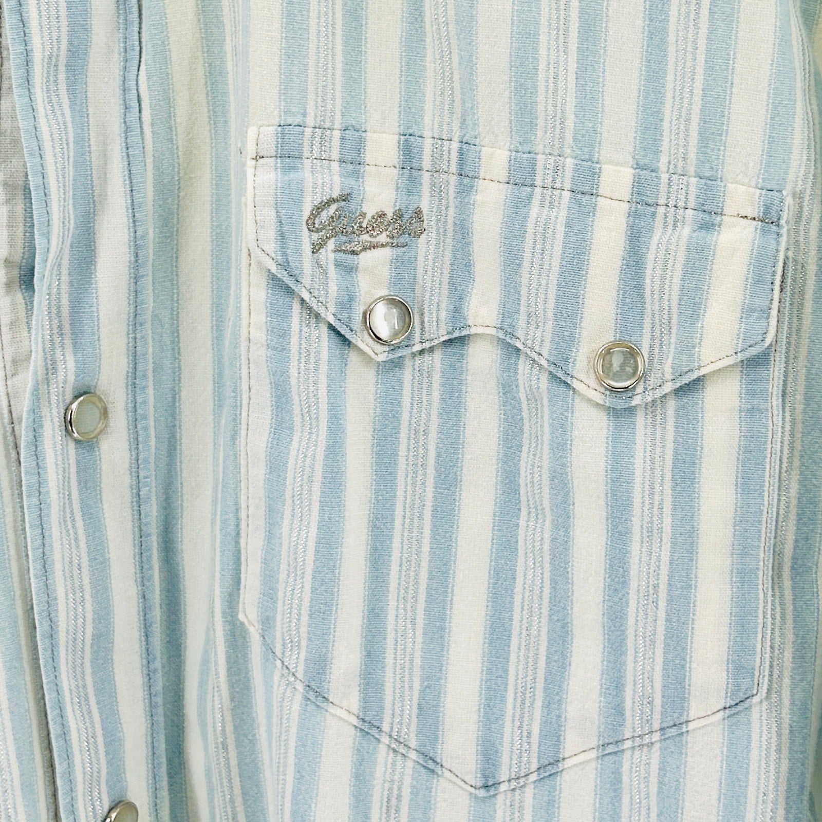 Vintage 80s Guess Jeans Light Blue White Striped Cotton Western Shirt