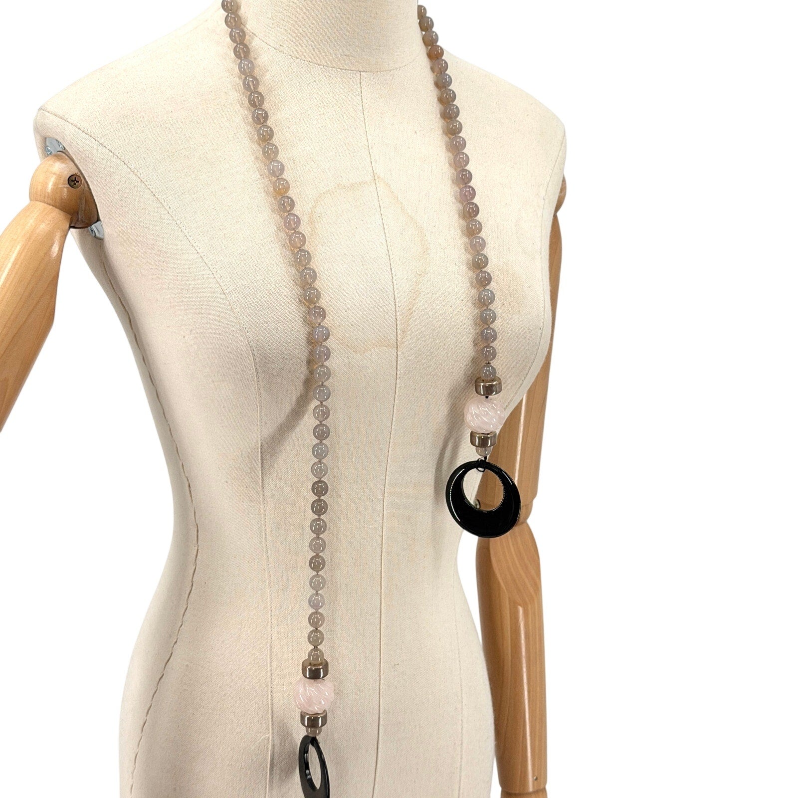 Vintage 90s Rose Quartz Onyx Grey Agate Hand Knotted Lariat Statement Necklace