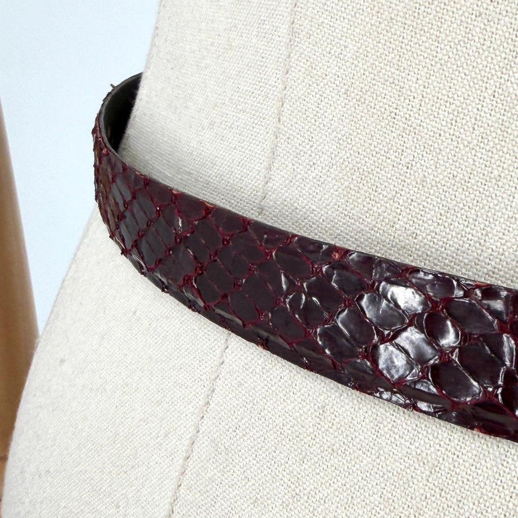 Vintage 80s Medici Burgundy Genuine Snakeskin Gold Buckle Belt