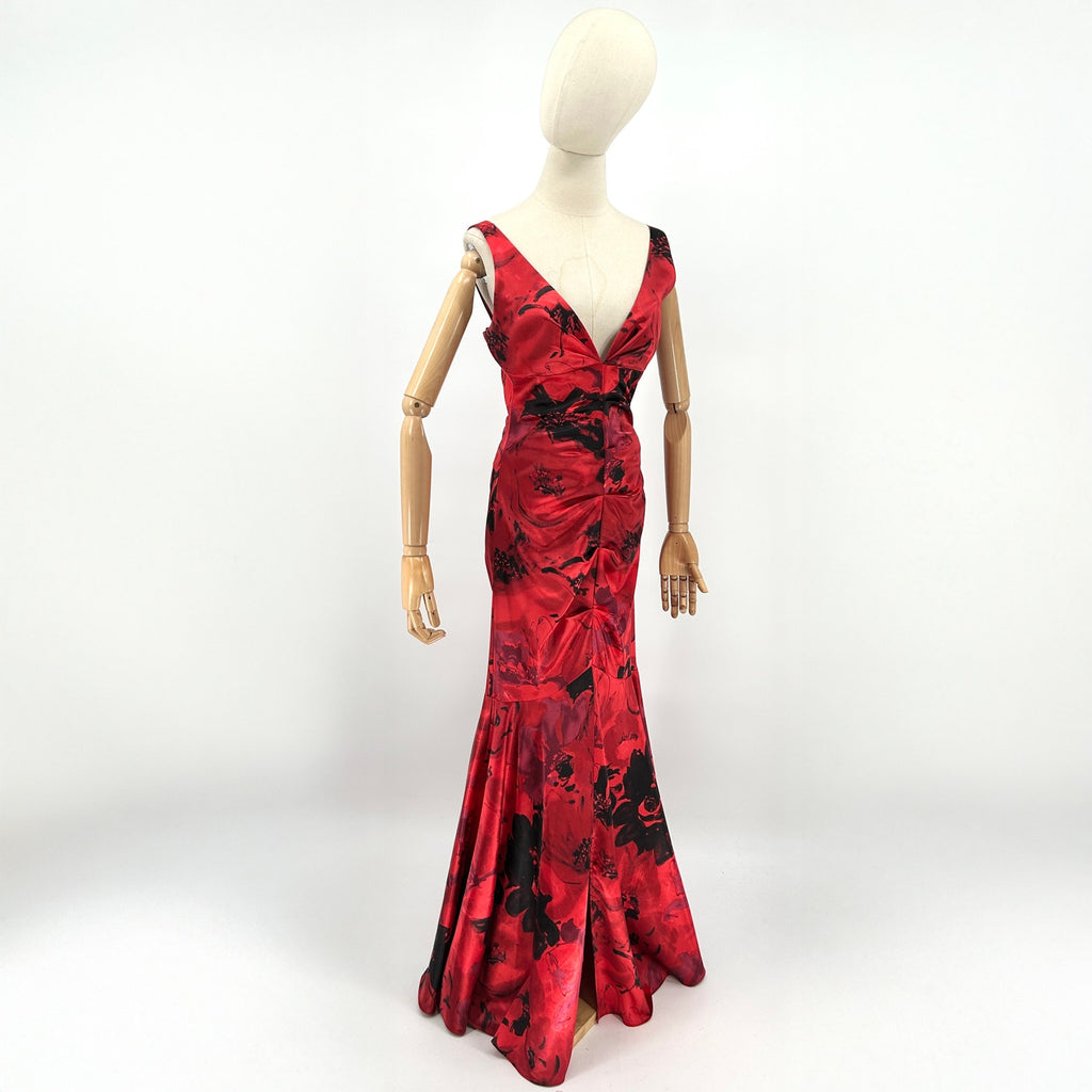 Vintage 90s Jump Apparel Red Satin Floral Evening Gown Dress