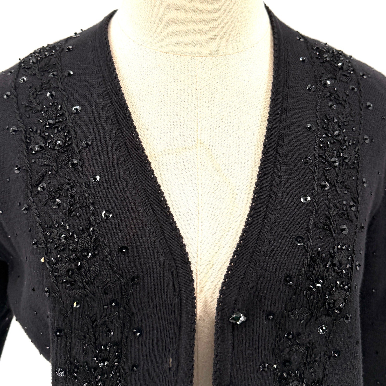 Vintage 90s Black 100% Cotton Beaded Sequin Cardigan