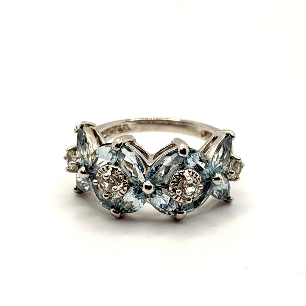 Vintage 90s Sterling Silver Marquise Blue Topaz Floral Cluster Ring