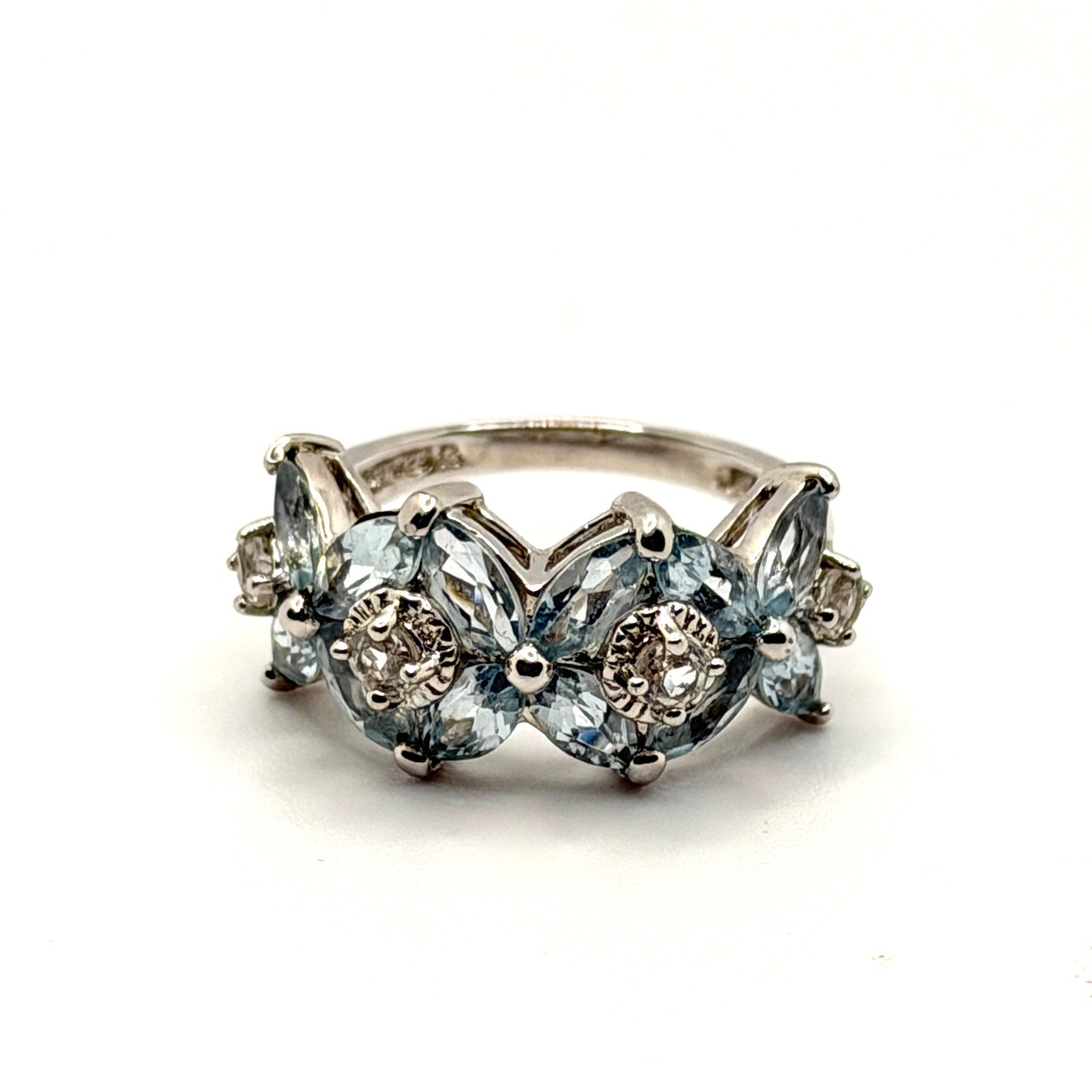 Vintage 90s Sterling Silver Marquise Blue Topaz Floral Cluster Ring