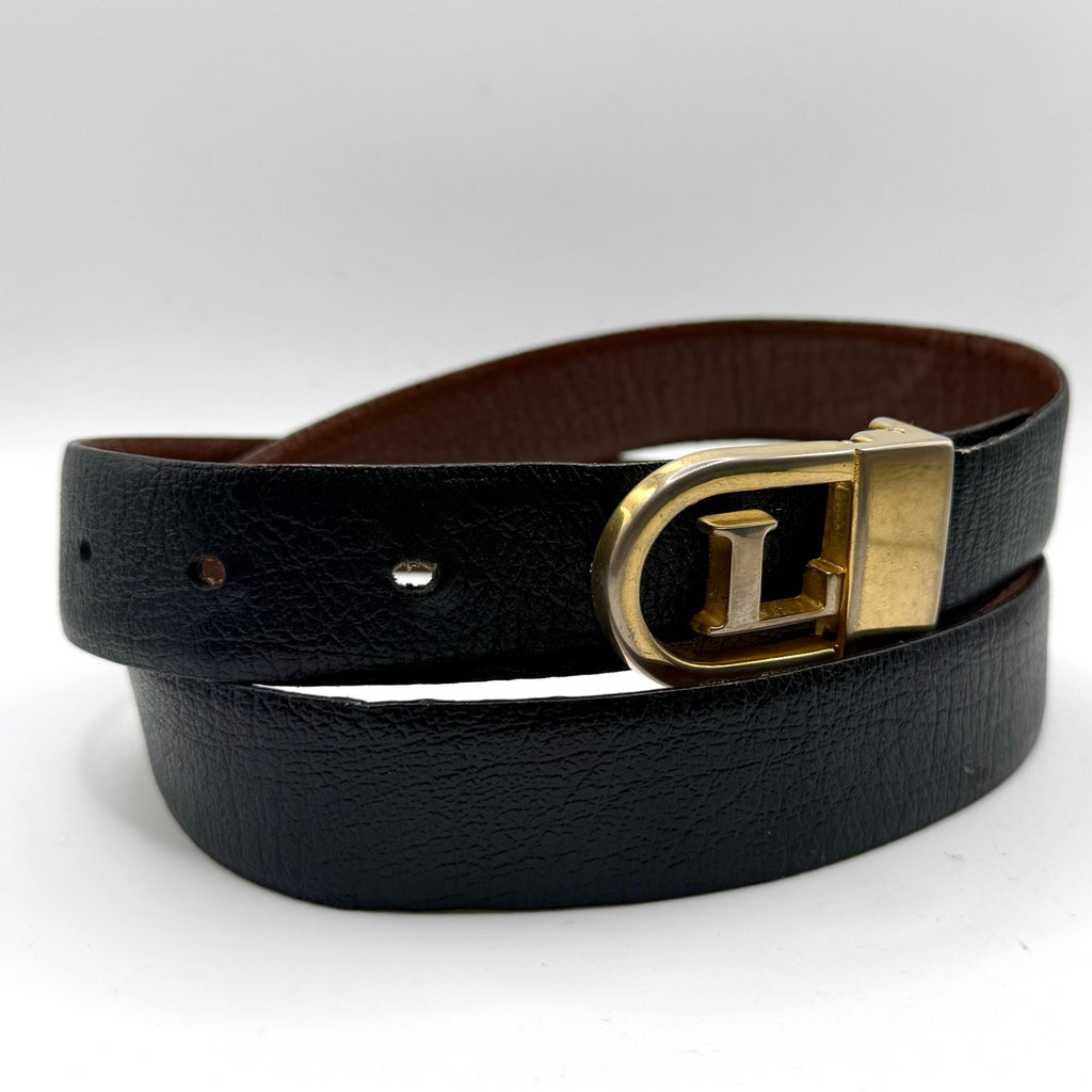 Vintage 80s Pierre Cardin Black Brown Leather Reversible L Buckle Belt