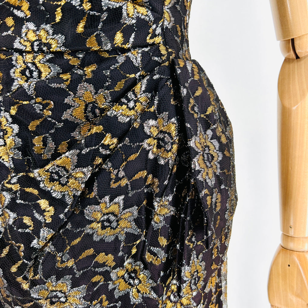 Vintage 50s/60s Black Gold Metallic Floral Lace Evening Cocktail Dress