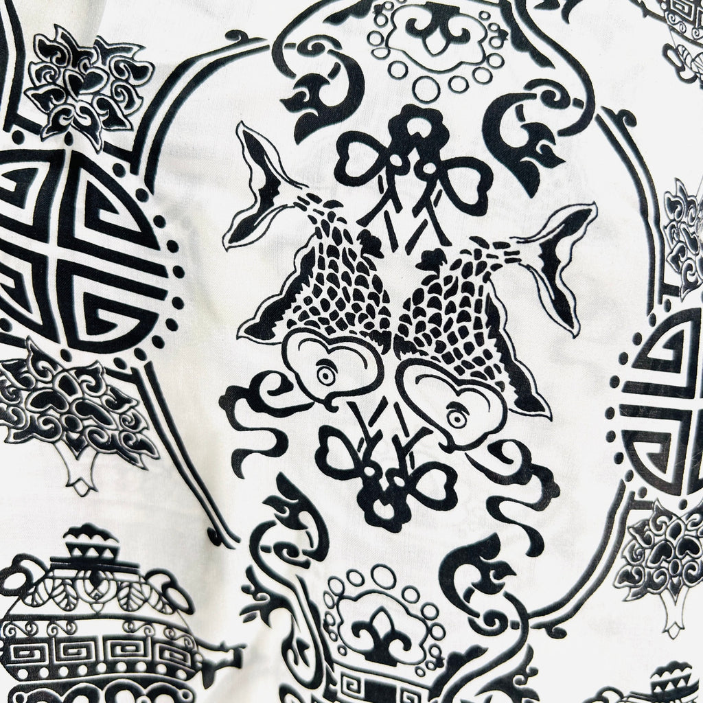 Black White Silk Satin Chinese Asian Motif Tapestry Print Fringe Scarf