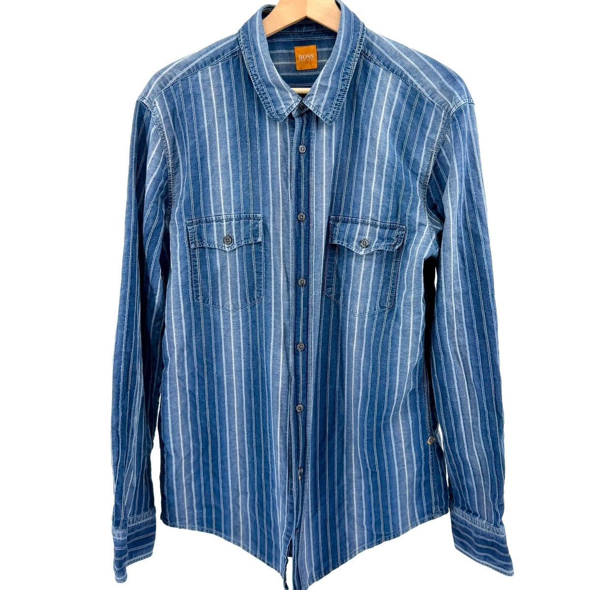 Hugo Boss Orange Blue Striped Cotton Denim Chambray Shirt