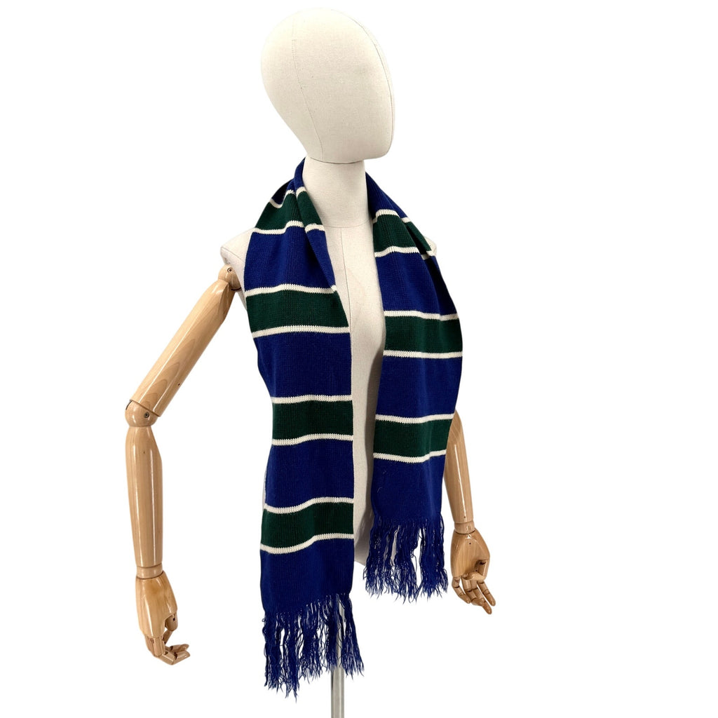 Vintage 70s English Village Blue Green Striped Fringe Knit Scarf