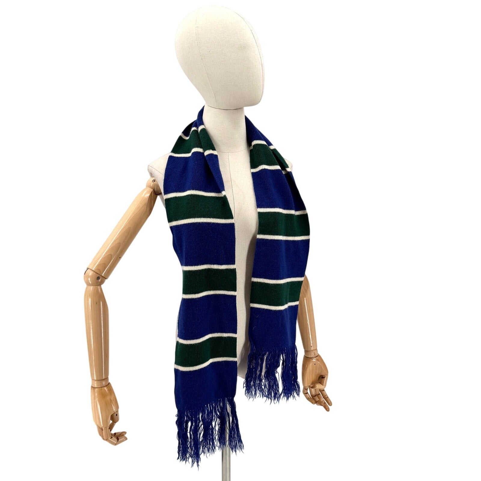 Vintage 70s English Village Blue Green Striped Fringe Knit Scarf