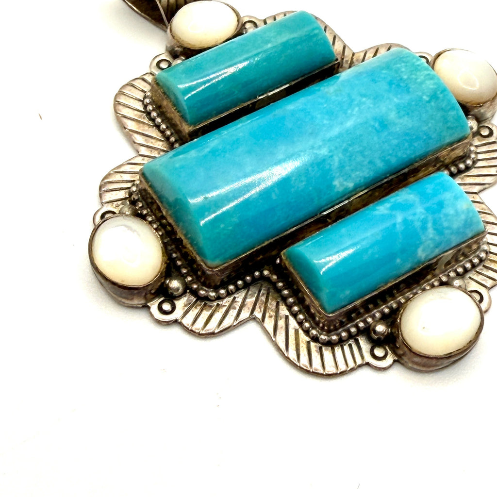 Vintage Y2K D. Troutman Sterling Turquoise Mother of Pearl Signed Pendant