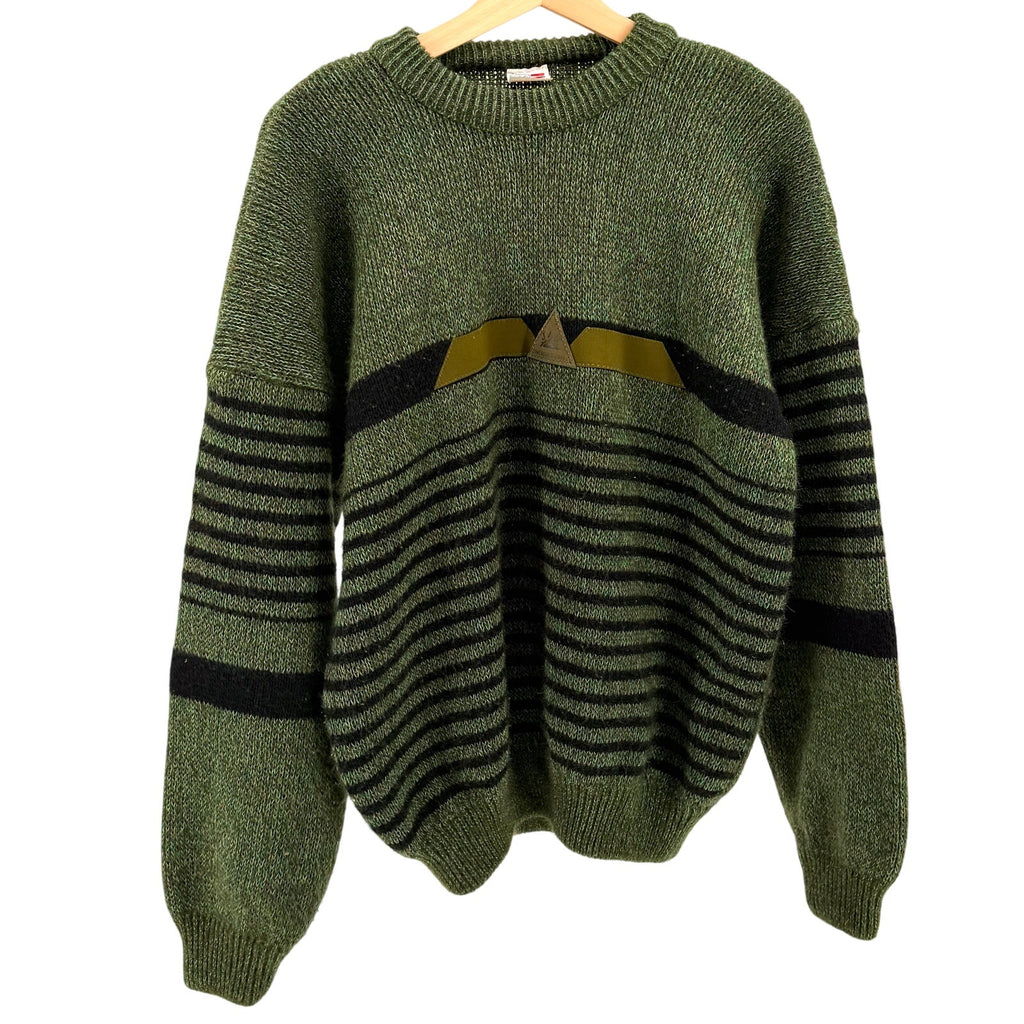 Vintage 80s JAG Forest Green Black Stripe Graphic Trim Acrylic Crewneck Sweater