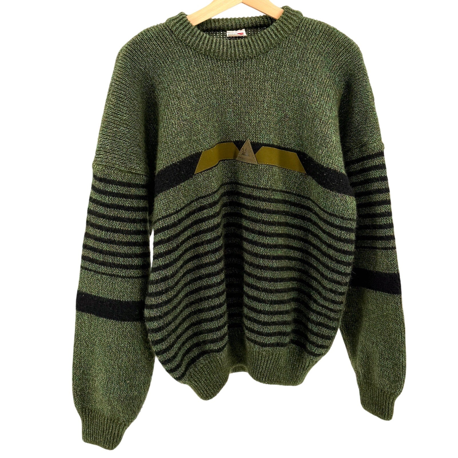 Vintage 80s JAG Forest Green Black Stripe Graphic Trim Acrylic Crewneck Sweater
