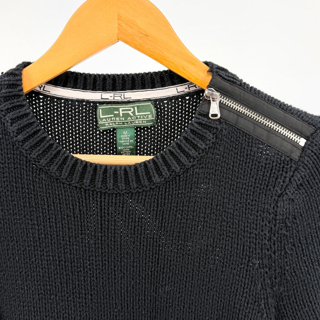 Lauren Active Ralph Lauren Black 100% Cotton Shoulder Zip Elbow Patch Sweater