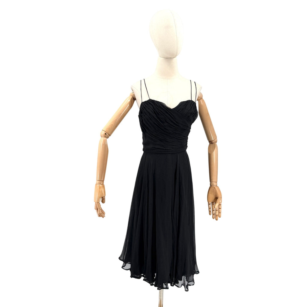 Vintage 50s Black 100% Silk Chiffon Ruched Bodice Stays Cocktail Dress
