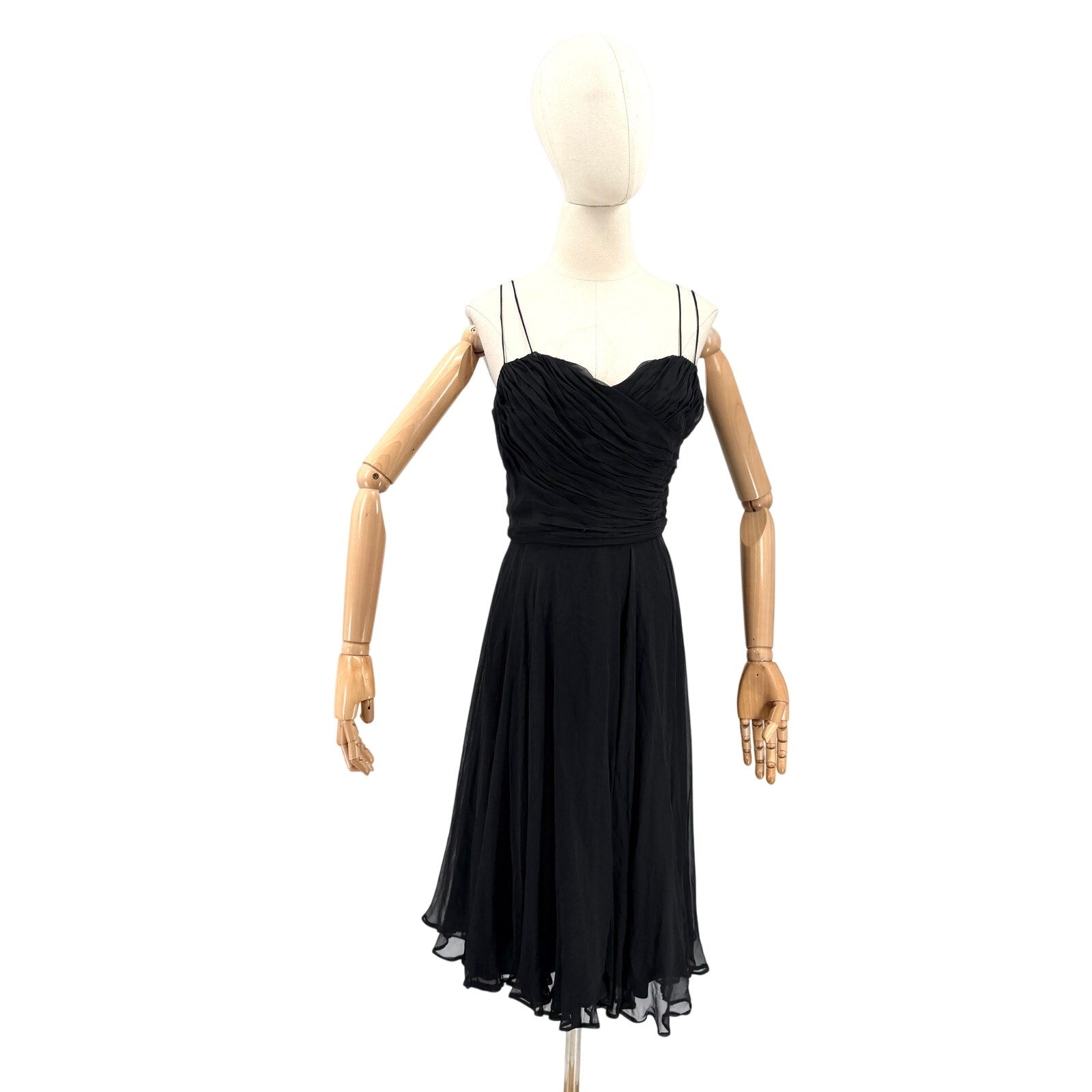 Vintage 50s Black 100% Silk Chiffon Ruched Bodice Stays Cocktail Dress