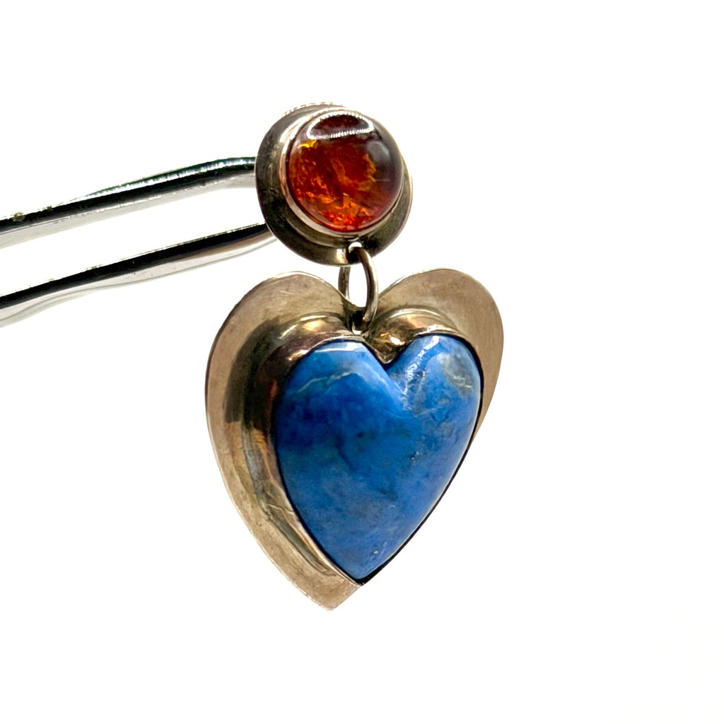 Vintage 90s Jason Livingston Signed Sterling Silver Lapis Amber Heart Earrings
