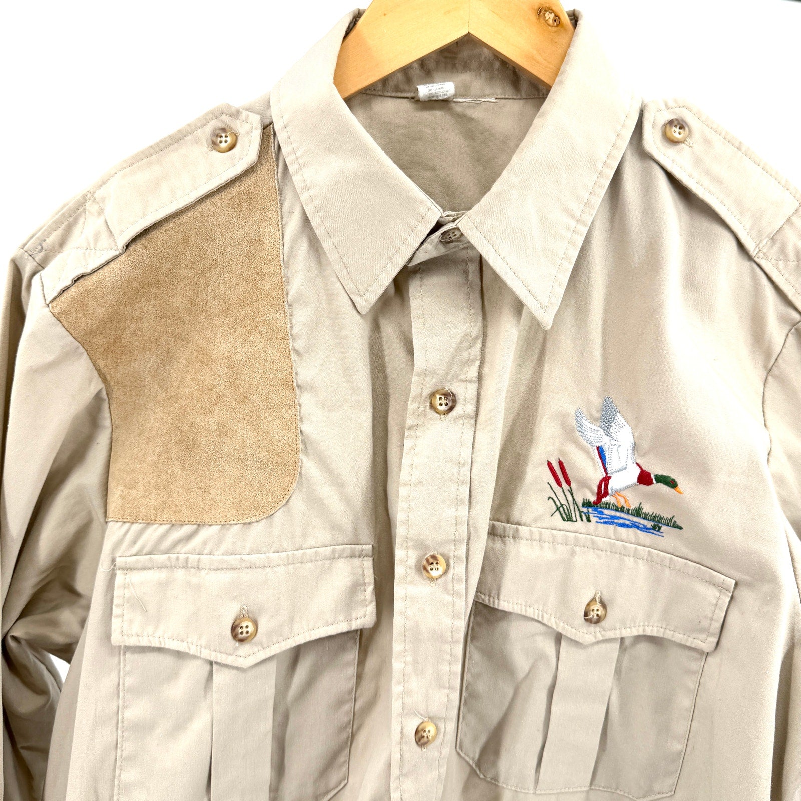 Vintage 80s Tan Genuine Suede Patch Embroidered Duck Hunting Utility Shirt