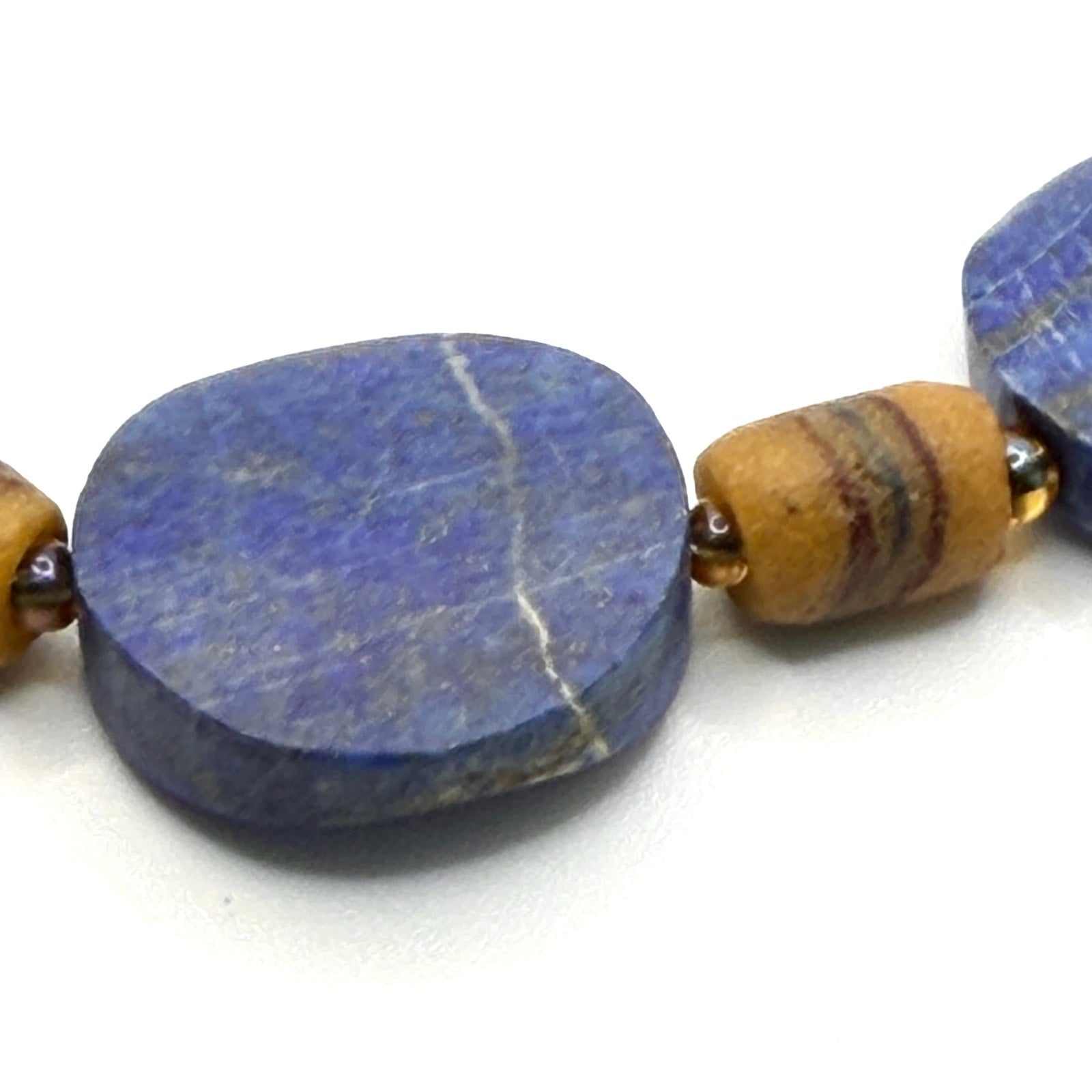 Vintage 90s Lapis Lazuli Wood Hand Carved Frog Fish Netsuke Necklace