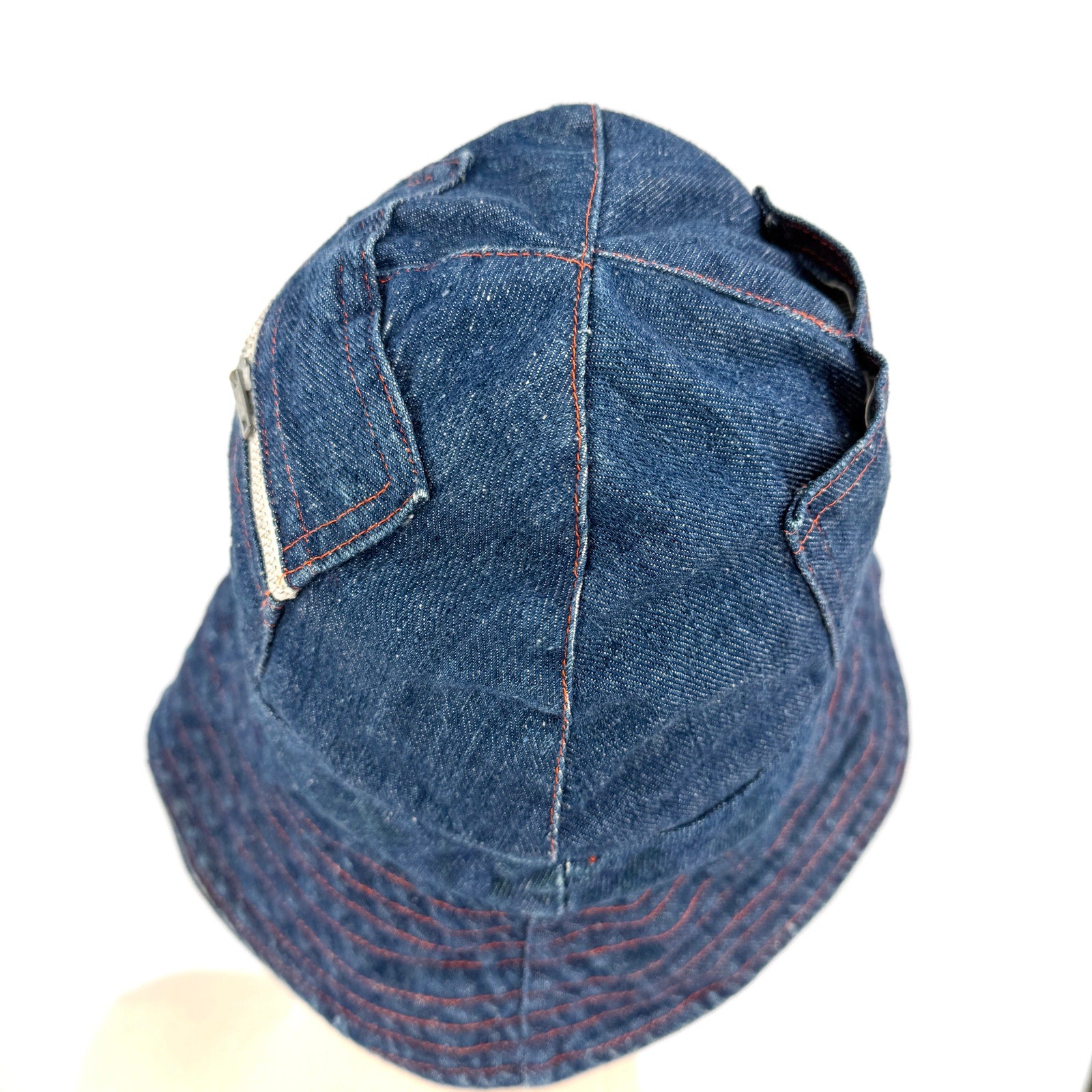 Vintage 70s Handmade Blue Denim Steel Zipper Utility Bucket Hat