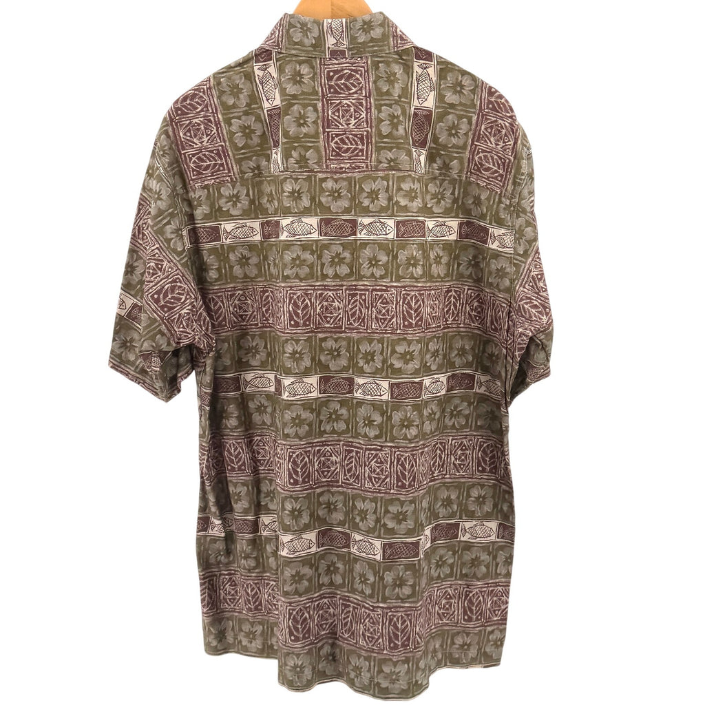 Vintage 90s Woolrich Olive Green Maroon Floral Fish Cotton Tropical Shirt
