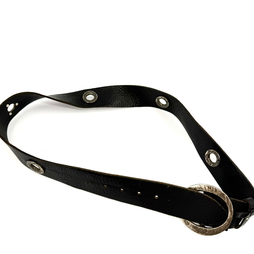 Vintage 90s Garuglieri Black Leather Round Buckle Grommet Belt