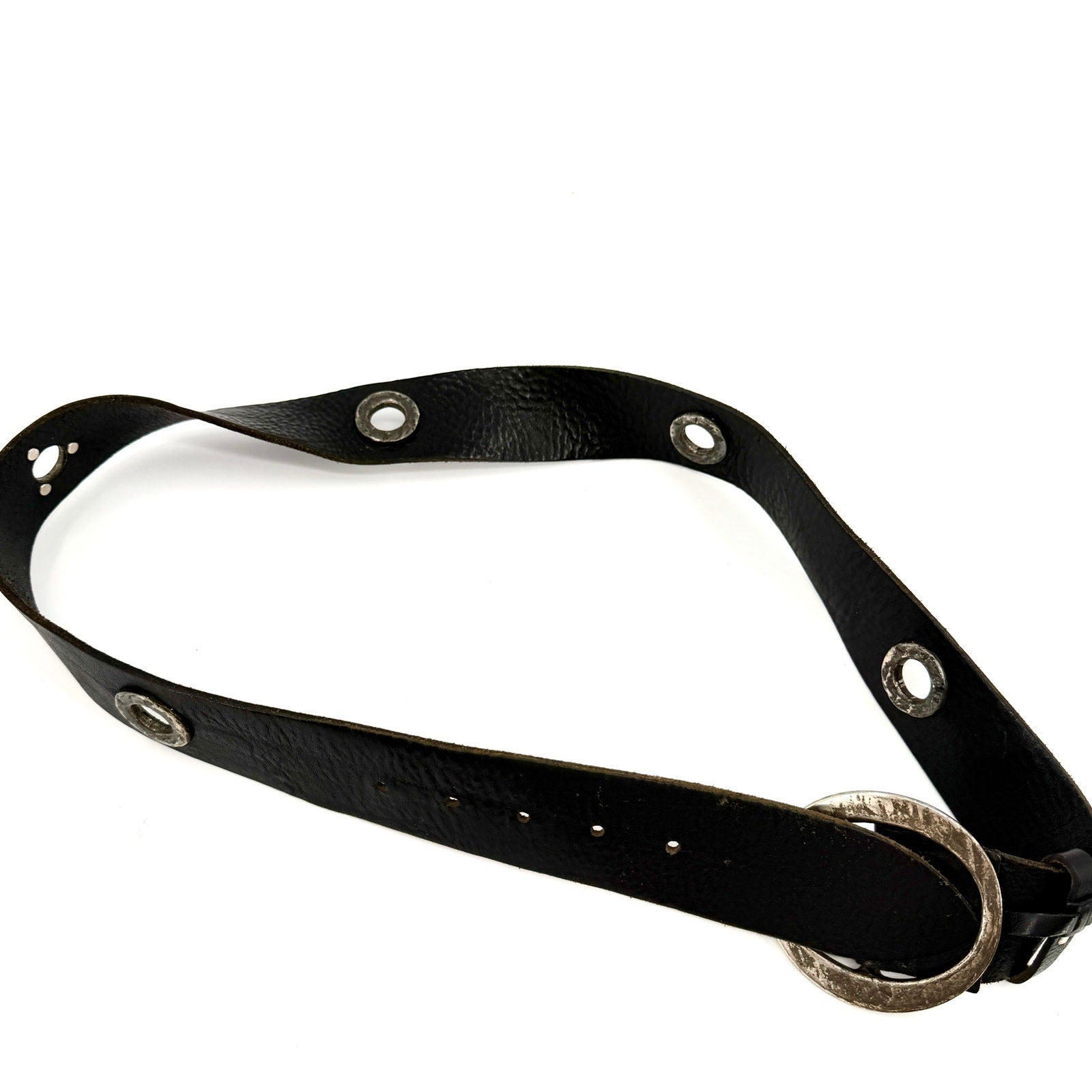 Vintage 90s Garuglieri Black Leather Round Buckle Grommet Belt