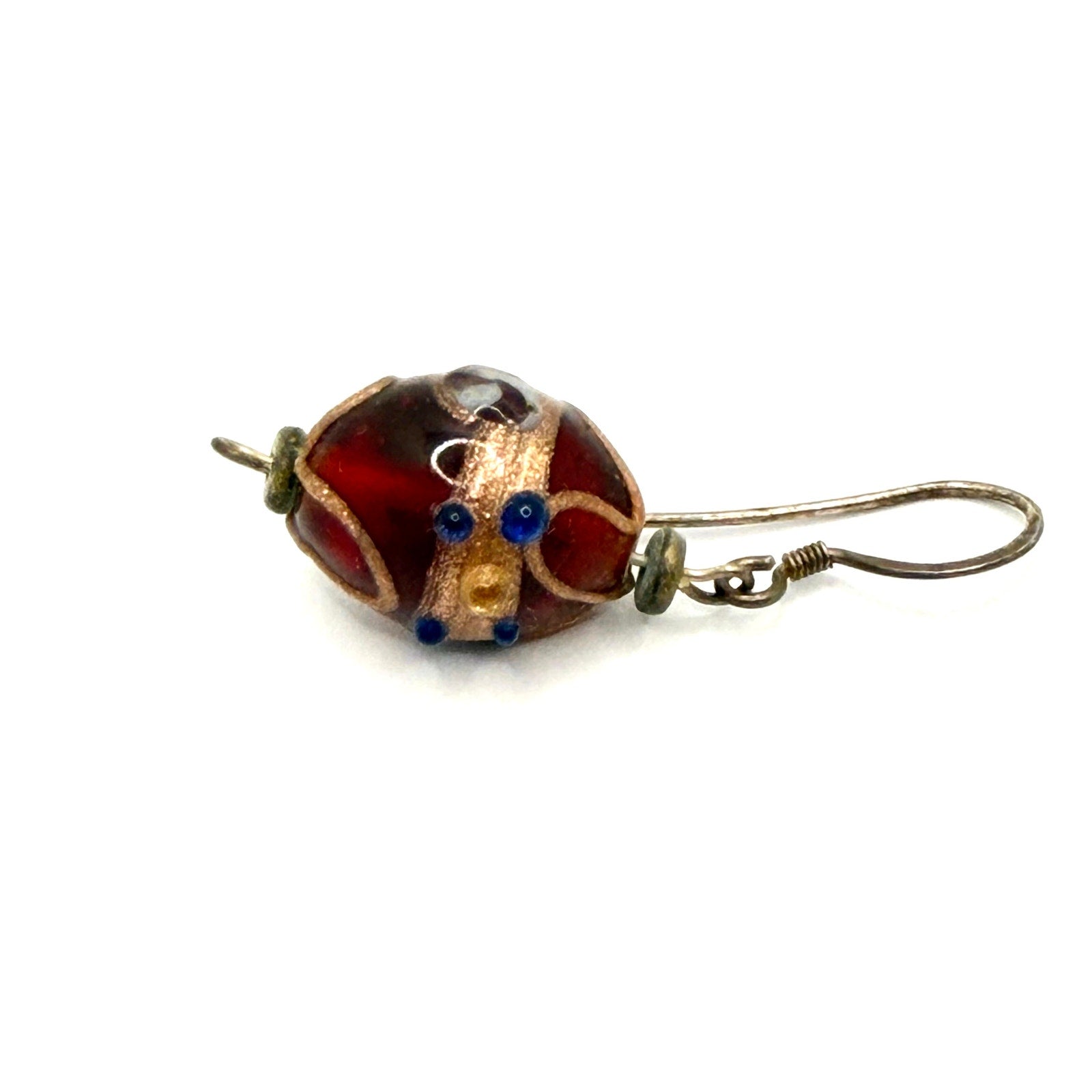 Vintage 90s Artisan Handmade Red Glass Filigree Bead Drop Earrings