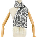 Black White Silk Satin Chinese Asian Motif Tapestry Print Fringe Scarf
