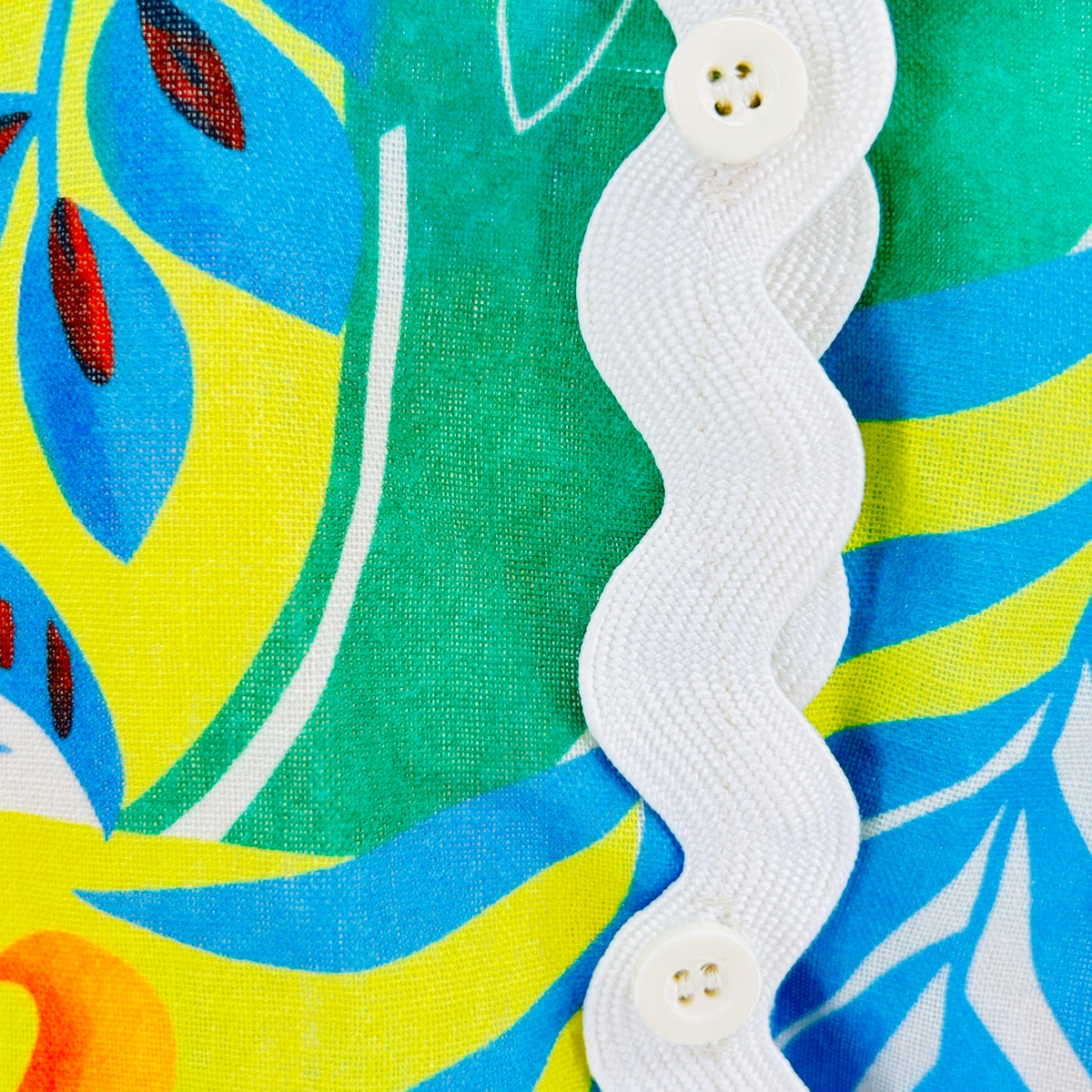 Vintage 70s Handmade Multicolor 100% Cotton Tropical Ric Rac Button Down Shirt