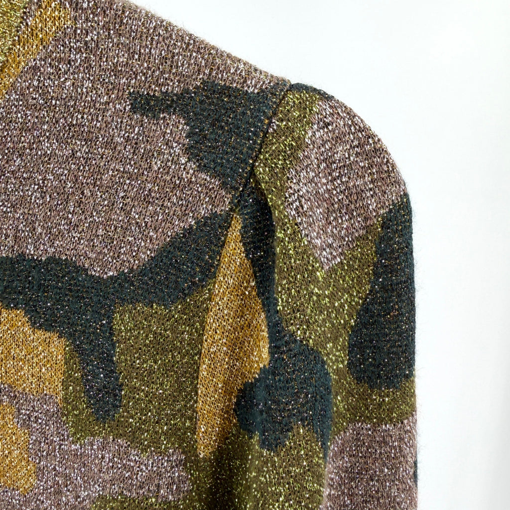 Brand Unique Metallic Gold Green Camo Print Puff Sleeve Sweater
