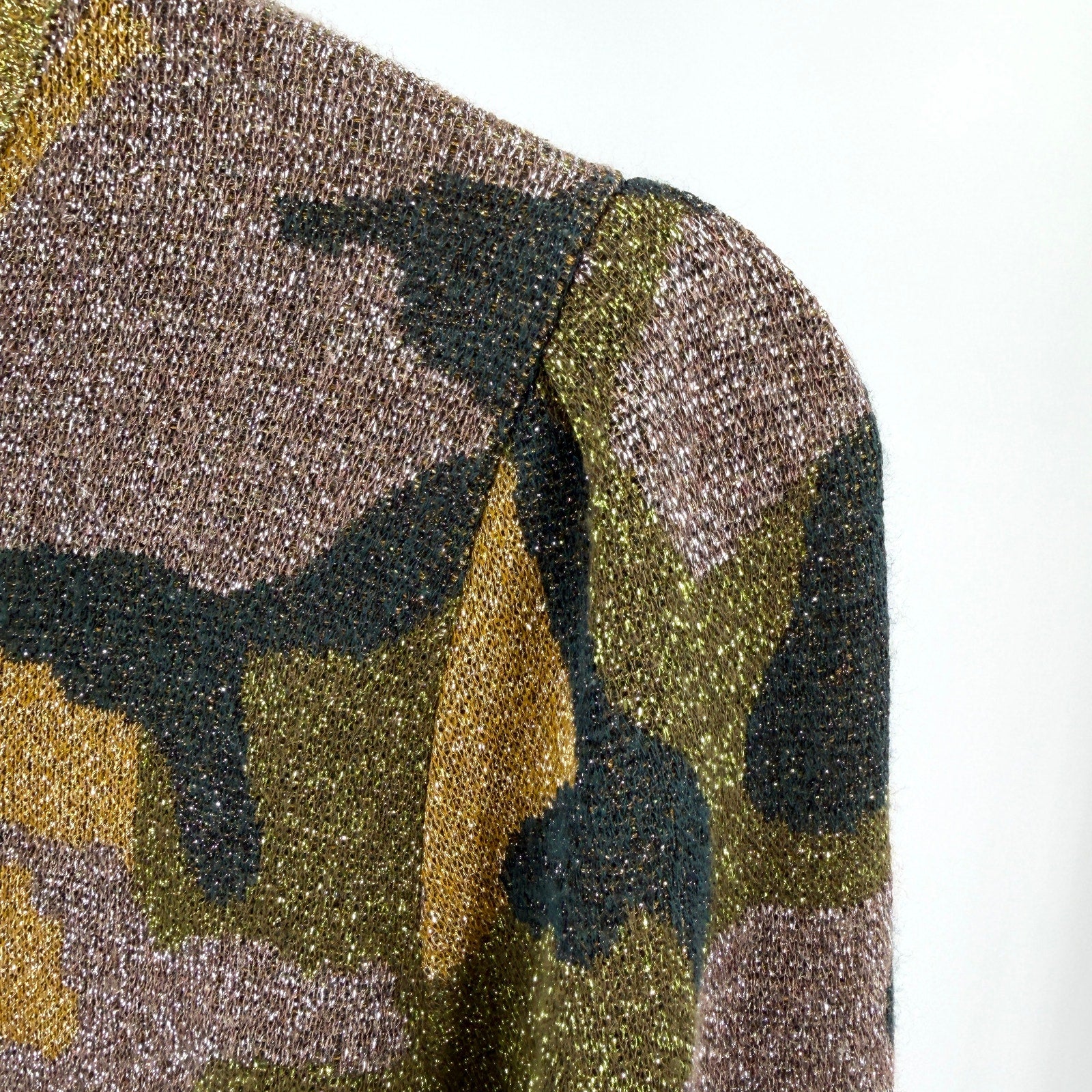 Brand Unique Metallic Gold Green Camo Print Puff Sleeve Sweater