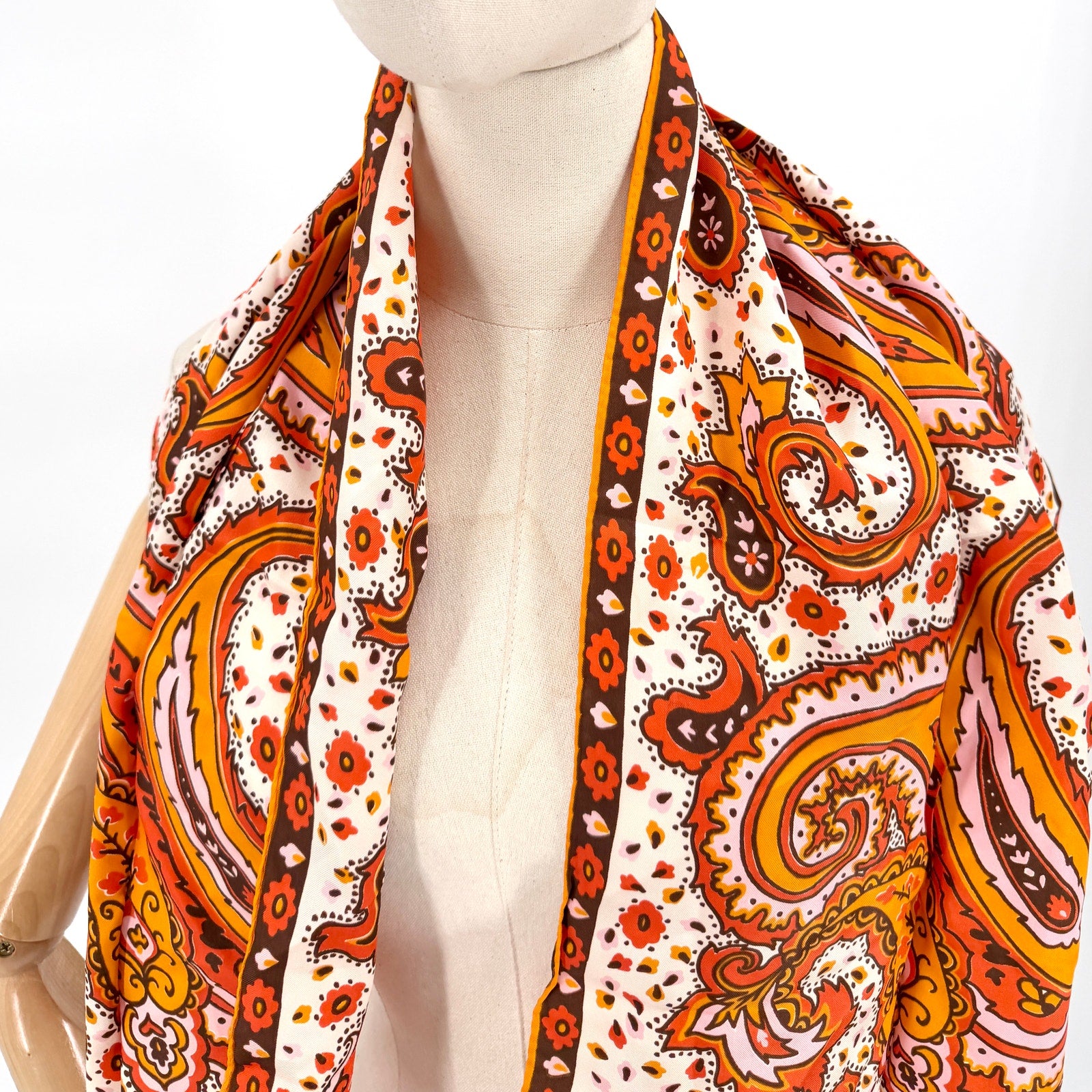 Vintage 70s Vera Neumann Orange 100% Silk Paisley Scarf
