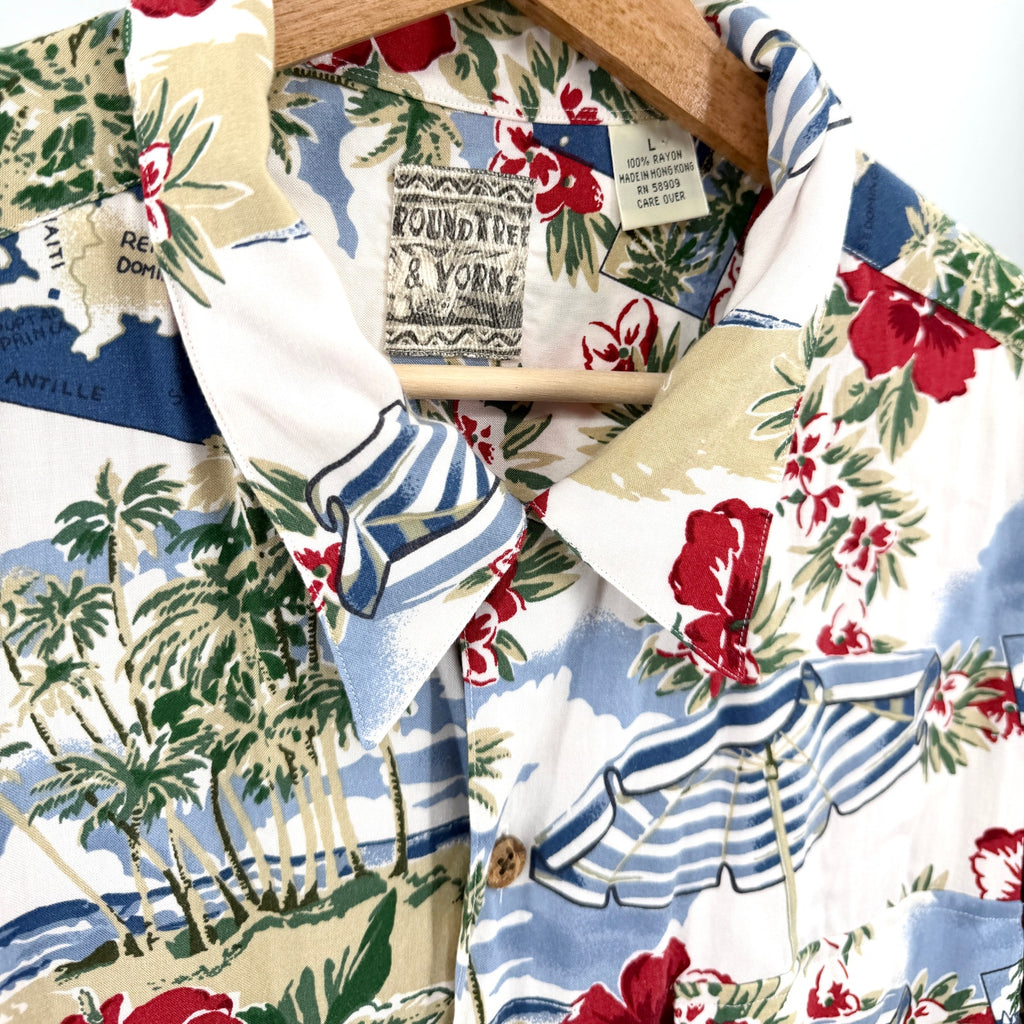 Vintage 90s Roundtree & Yorke Blue Red Hibiscus Caribbean Map Aloha Shirt