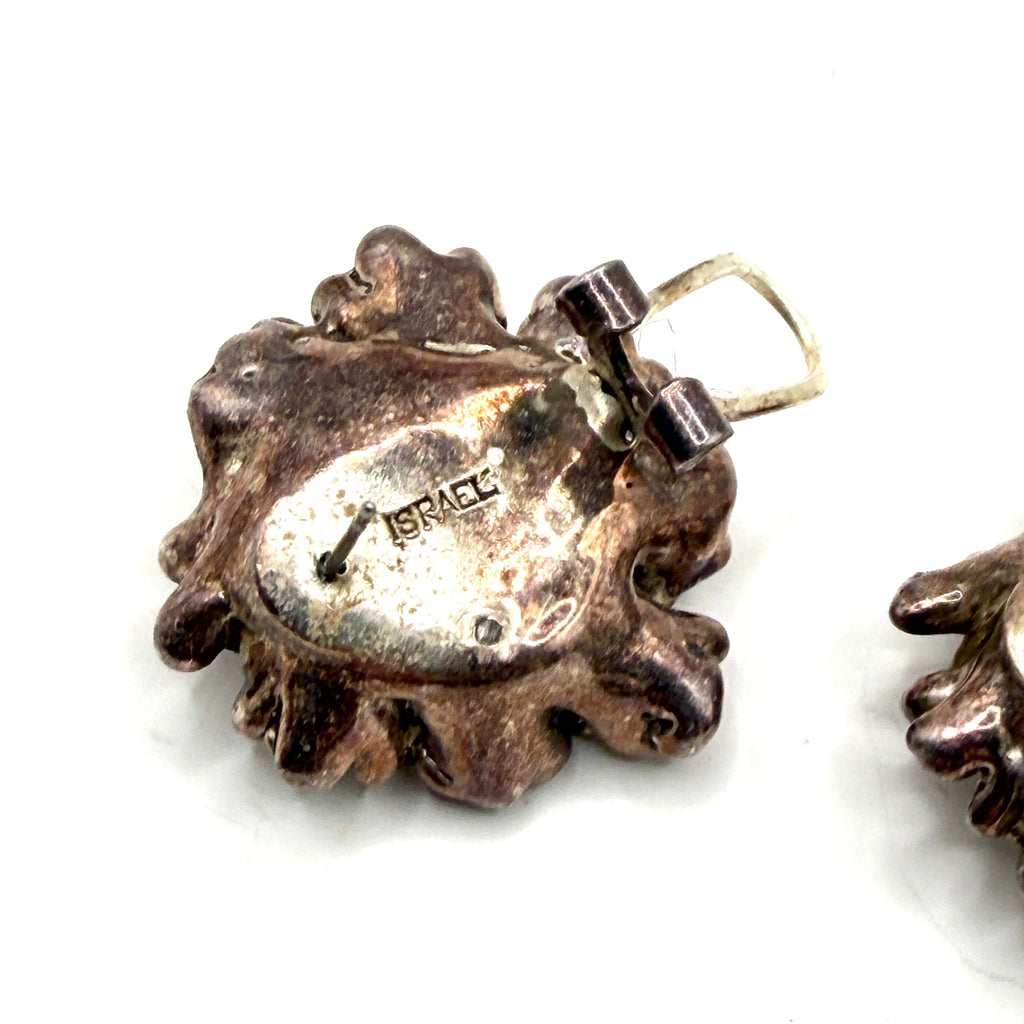 Vintage 80s Stamped Sterling Silver Israel Brutalist Flower Omega Post Earrings