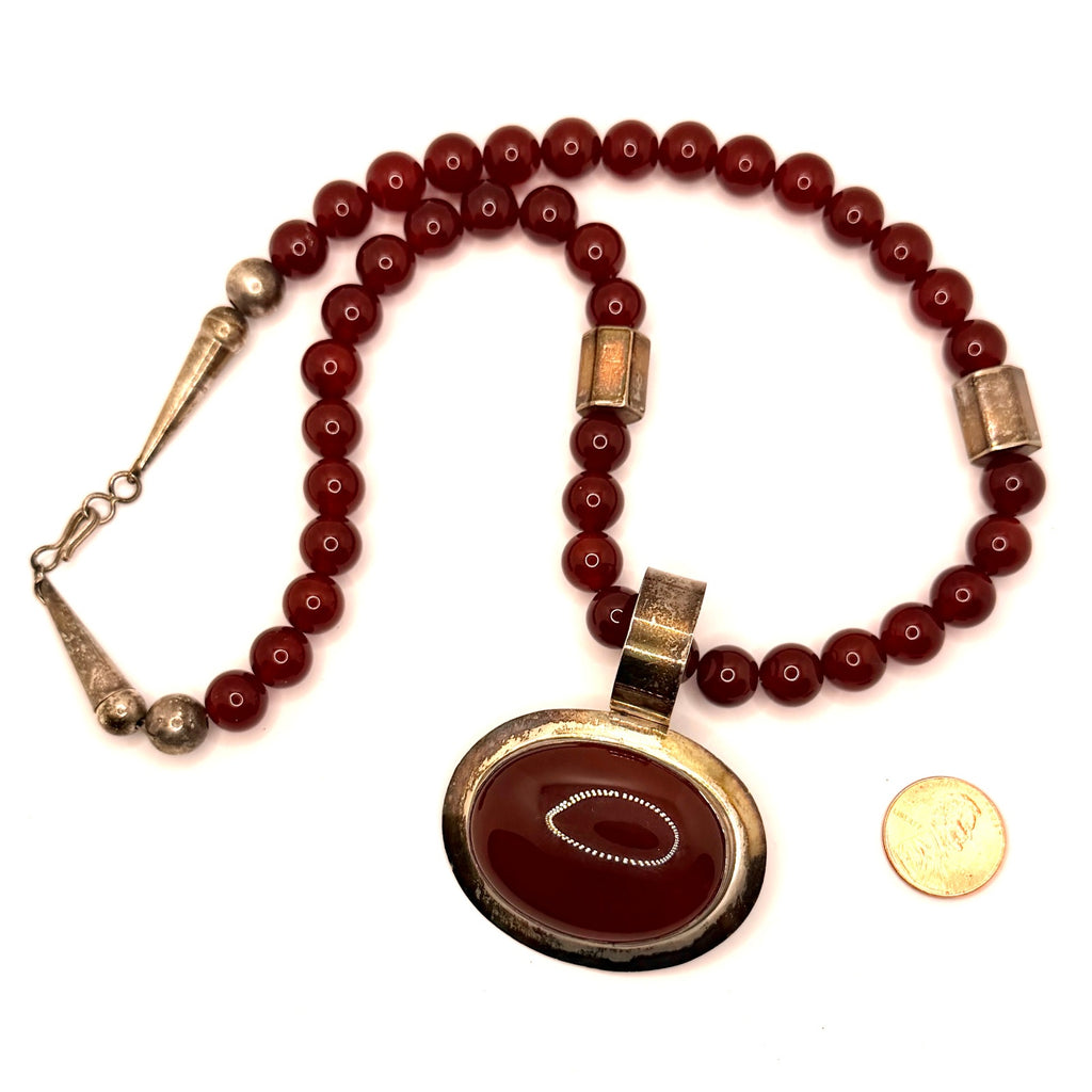 Vintage 90s Gale Self Choctaw Signed Sterling Silver Carnelian Pendant Necklace